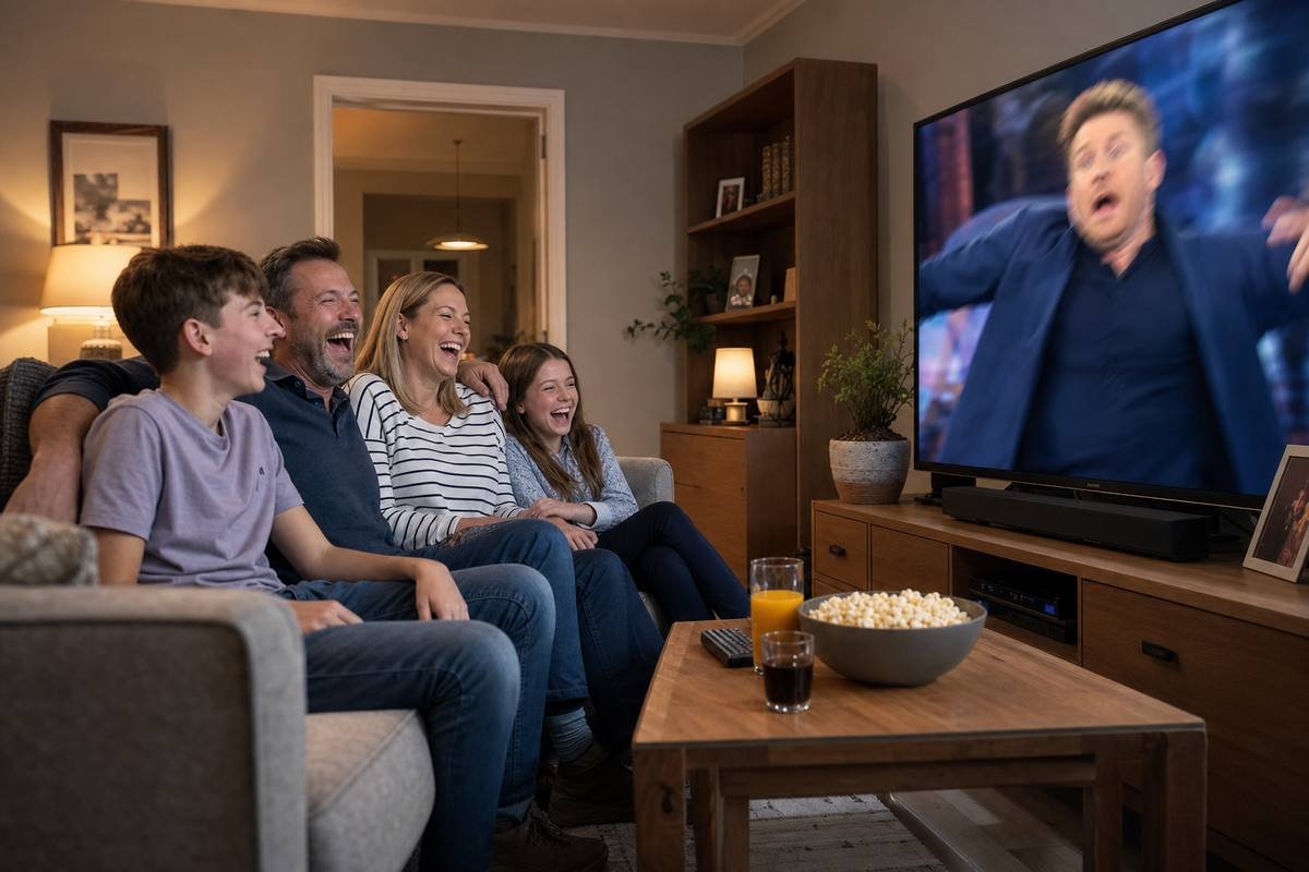 British family watching live TV chaos together on the sofa